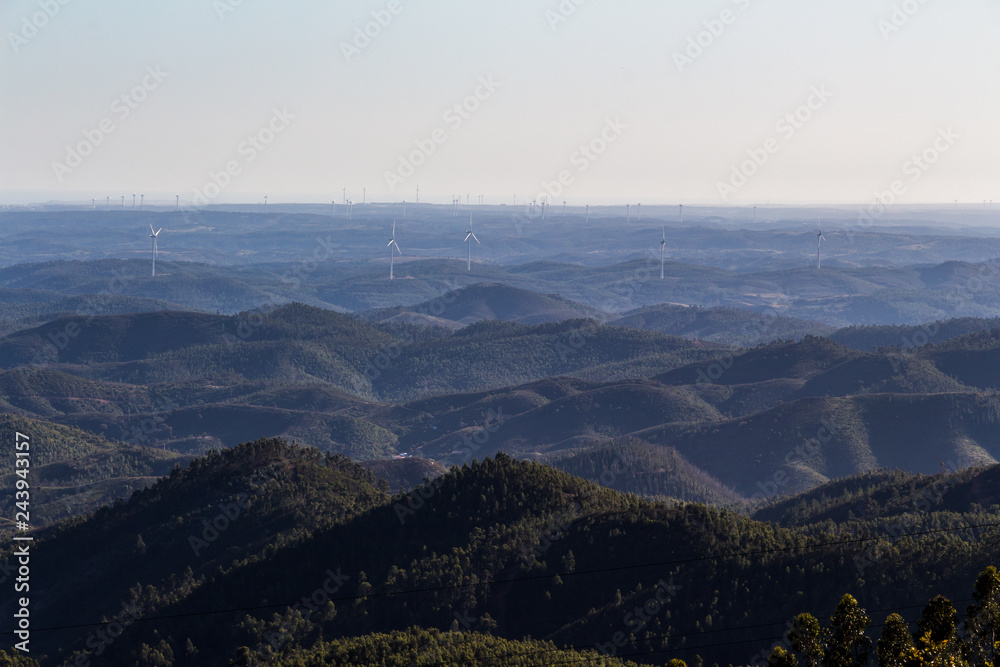Beautiful nature landscape (panorama)  and windmills on the hills of Alentejo, Portugal.
