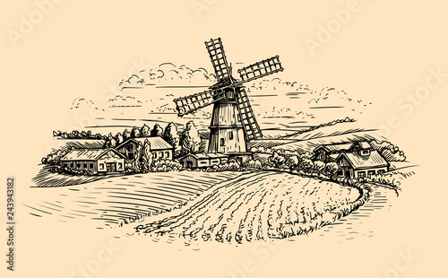 Rural landscape sketch. Farm, windmill and field. Vintage vector illustration