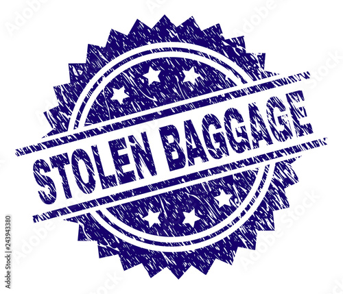 STOLEN BAGGAGE stamp seal watermark with distress style. Blue vector rubber print of STOLEN BAGGAGE tag with scratched texture.
