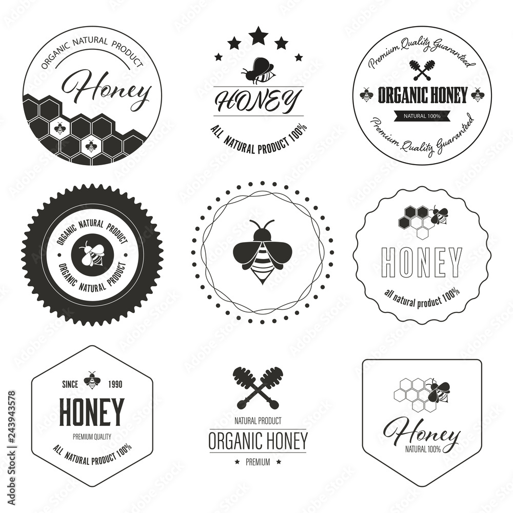 Fototapeta premium Honey bee label and sticker banner. Logo element natural product flat design.