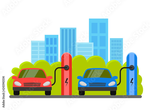 Fototapeta Naklejka Na Ścianę i Meble -  Electric cars at charging station. The background of urban landscape. Flat vector illustration