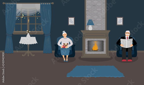 A couple of elderly people are sitting by the fireplace in a beautiful cozy blue living room. Woman with cute little pug on his knees, a man in a suit is reading a newspaper. Vector illustration