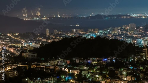 Timelapse Overview of Alcatraz Island in San Francisco Bay at Night -Pan Right-