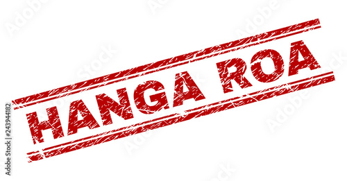HANGA ROA seal imprint with distress effect. Red vector rubber print of HANGA ROA text with dirty texture. Text tag is placed between double parallel lines.