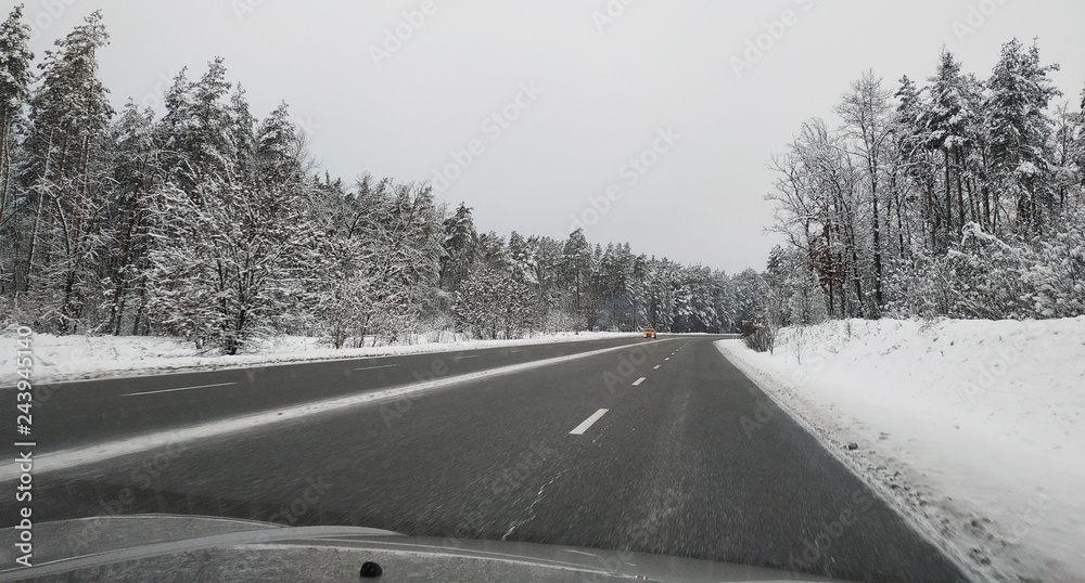 road car snow winter travel forest way speed motion travel forest road car snow winter travel forest way speed motion travel forest