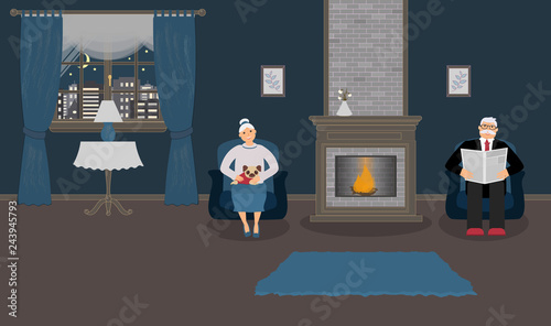 A couple of elderly people are sitting by the fireplace in a beautiful cozy blue living room. Woman with cute little pug on his knees, a man in a suit is reading a newspaper. Vector illustration
