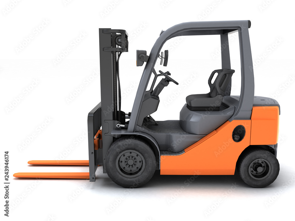 Idle forklift isolated on white background. Left side view. 3d render.