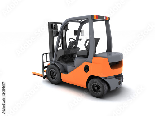 Rear perspective high angle view on the left side Idle forklift isolated on white background. 3d render.