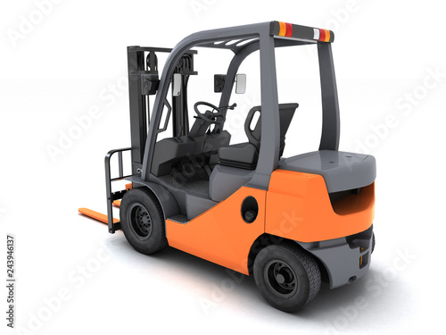 Rear perspective view the left side Idle forklift isolated on white background. 3d render.