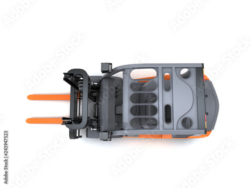 Top view directly above on the left side Idle forklift isolated on white background. 3d render.