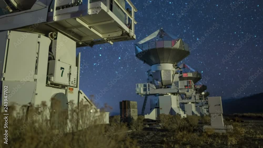 Astro Timelapse Tracking Shot of Starry Sky over Radio Telescope Array -Tilt Up- Astro Timelapse Tracking Shot of Starry Sky over Radio Telescope Array -Tilt Up-