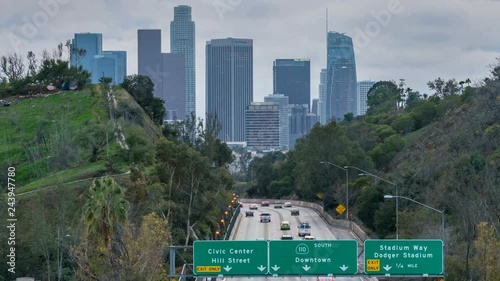 Time Lapse Day to Night Transition of 110 Freeway in Downtown LA -Zoom Out-