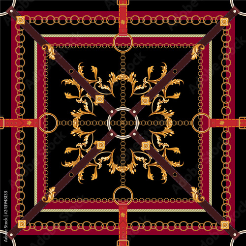 Baroque seamless pattern with belts, leaves and chains. Vector patch for print, fabric, scarf