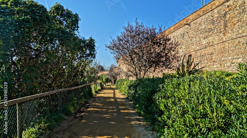 Beautiful walk and good rest at the walls of the Montjuic fortress in Barcelona, ​​Spain