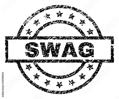 SWAG stamp seal watermark with distress style. Designed with rectangle, circles and stars. Black vector rubber print of SWAG text with unclean texture.