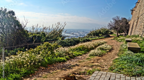 Beautiful walk and good rest at the walls of the Montjuic fortress in Barcelona, ​​Spain