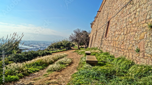 Beautiful walk and good rest at the walls of the Montjuic fortress in Barcelona, ​​Spain