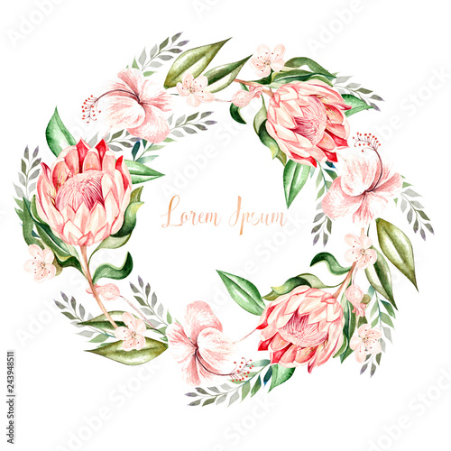 Watercolor tropical wreath with hibiscus flowers, eucalyptus leaves and prote...