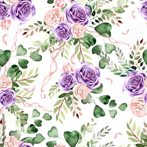 Watercolor pattern with roses flowers and eucalyptus leaves.