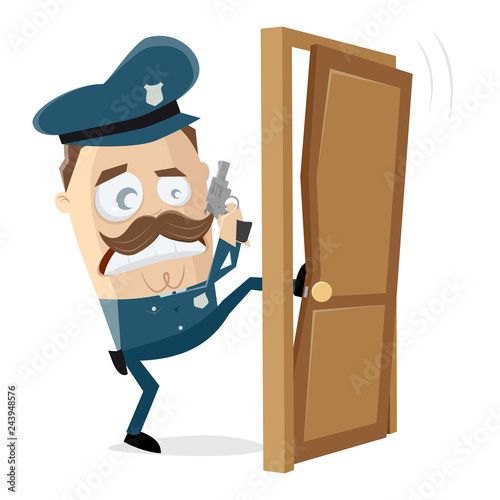 angry police officer kicking in the door