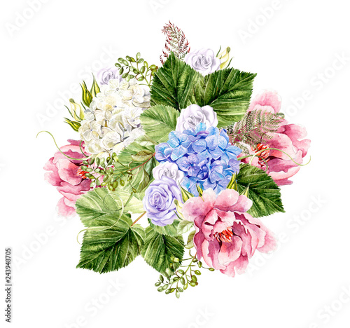 Beautiful watercolor bouquet with peony and hudrangea flowers and roses.