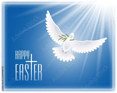 Happy Easter. Greeting card with cross, flying dove and olive branch. Vector illustration.