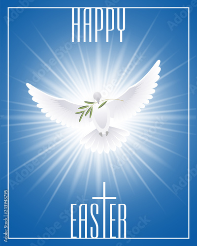 Happy Easter. Greeting card with cross, white dove and olive branch. Vector illustration.