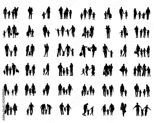 Black silhouettes of families in walk on a white background