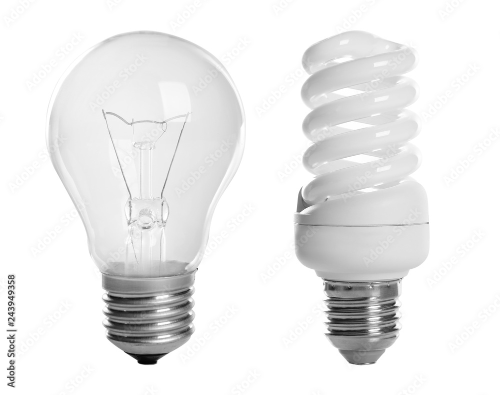 Set with different lamp bulbs on white background Set with different lamp bulbs on white background