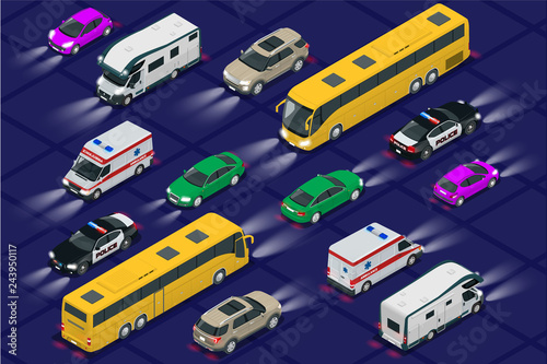 Set cars with car lights realistic isometric view. Automobile car headlights in darkness. Urban public transport for passenger transportation.