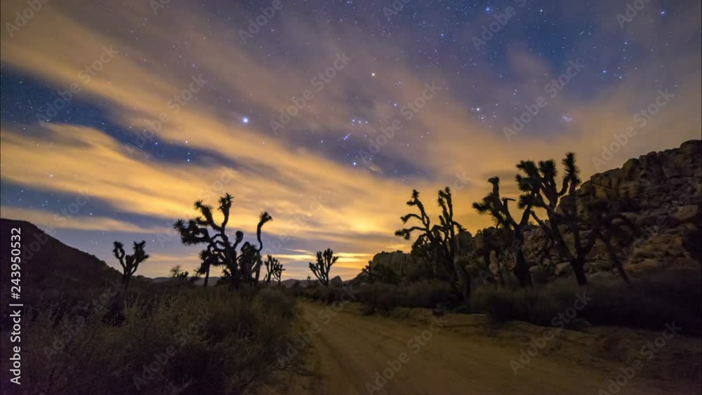 Astro Timelapse of Empty Dirt Road in Joshua Tree National Park Astro Timelapse of Empty Dirt Road in Joshua Tree National Park