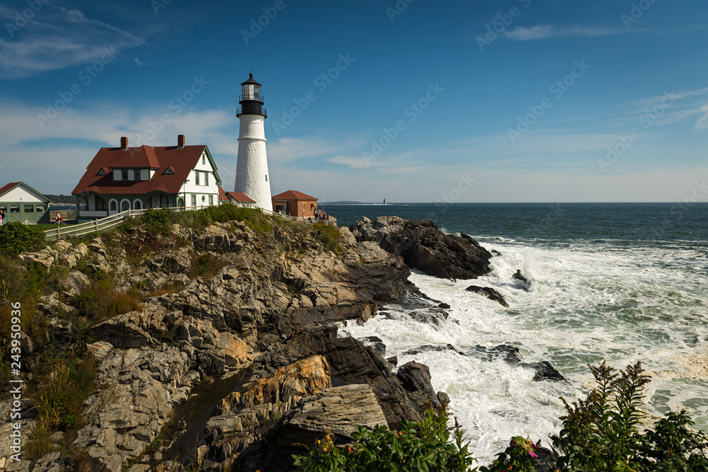 Tourists Enjoy Portland Head Lighthouse and Waves