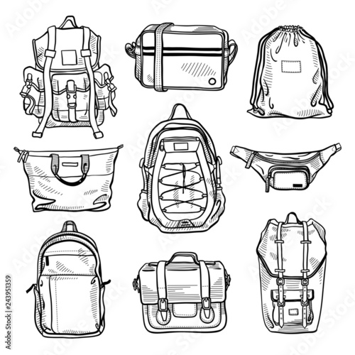 Set of 9 fashion men's bags and unisex backpacks sketches: classic backpack, cross body bag, bum bag, drawstring backpack, shopper bag, leather satchel, case, messenger bag. Vector isolated sketches
