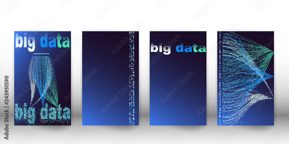 Big data visualization network. Cover set of futuristic infographics, 3d wave, virtual flow, digital sound, music. Vector abstract colorful big data information.
