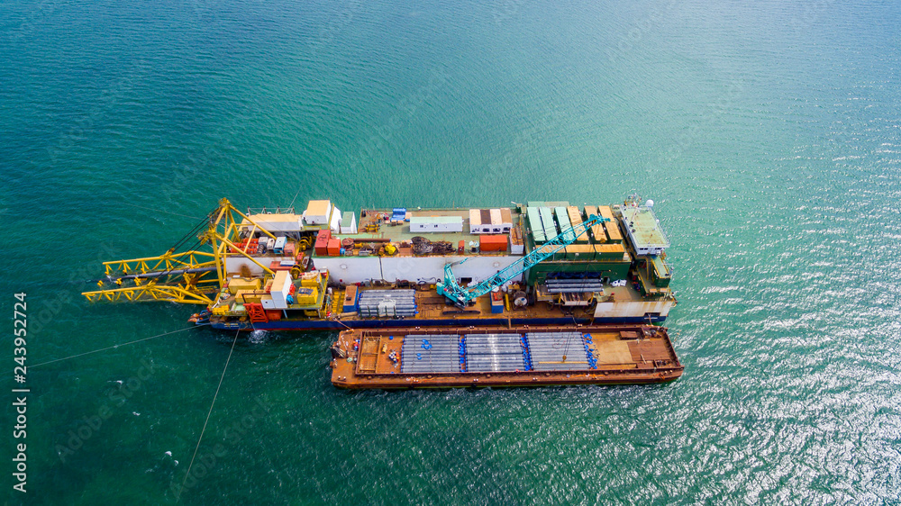 industrial ship in sea from drone