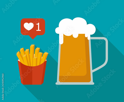 French fries fast food in red paper box and glass of lager beer, isolated with long shadow on blue background. Good for pub menu illustration. Cold beverage in hot day. Vector, flat design