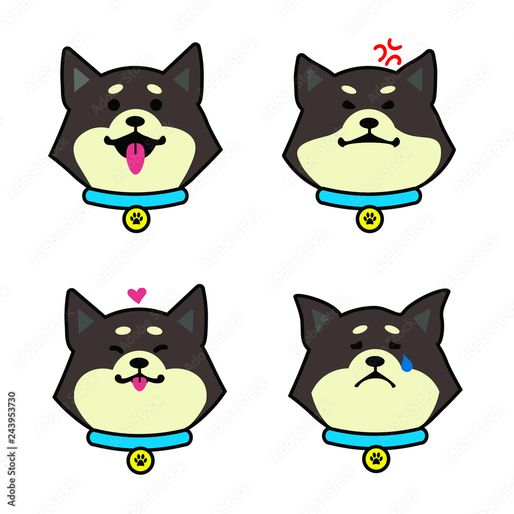 Dog head vector illustration, doggy shiba inu emotions icon set, happy angry sad lovely dog
