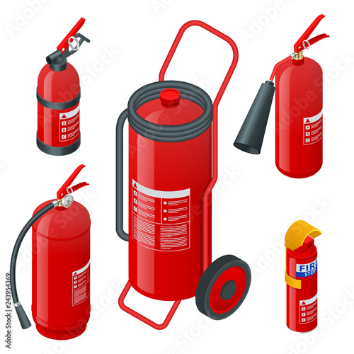 Isometric foam extinguishers, fire extinguishers isolated on white background. Fire safety and protection