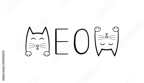 Cute cat graphic.Meow handwriting lettering. Typography slogan for t shirt printing, slogan tees, fashion prints, posters, cards, stickers