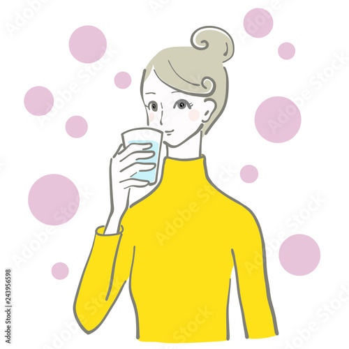 水　飲む　女性　余白　水分補給　ベクター　冬こそ水分補給