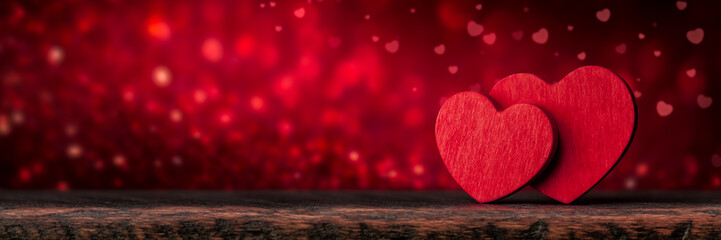 Two Red Valentine's Hearts Standing On Wooden Table With Soft Romantic background