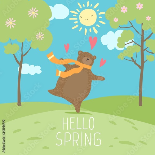 Hello Spring forest landscape. Cute bear love spring  sunny time  dance on green fresh grass.