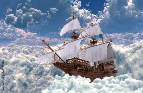 Sailboat flying above the clouds 3d illustration