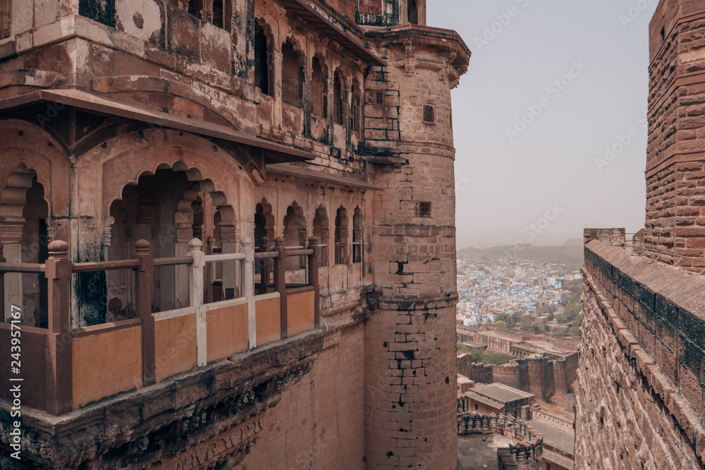 Mehrangarh Fort above the blue city of Jodhpur in Rajasthan, India