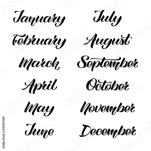 Handwritten names of months: December, January, February, March, April, May, June, July, August, September, October, November. Set of trendy hand lettering of months  for calendars and organizers. 