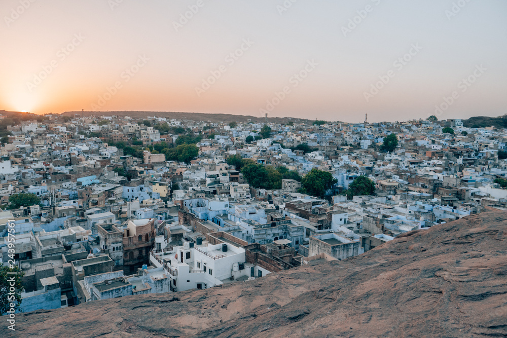 Mehrangarh Fort with the blue city of Jodhpur, Rajasthan, India in the front