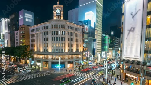 Timelapse of Ginza Crosswalk at Night in Tokyo -Pan Left-