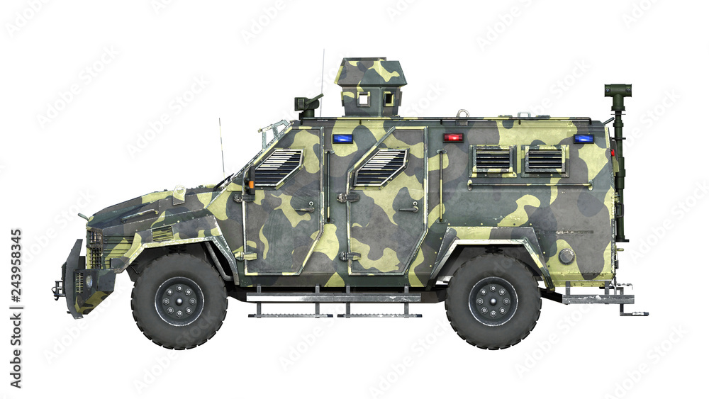 Armored SUV truck, bulletproof army vehicle, camo military car isolated on white background, side view, 3D rendering Armored SUV truck, bulletproof army vehicle, camo military car isolated on white background, side view, 3D rendering