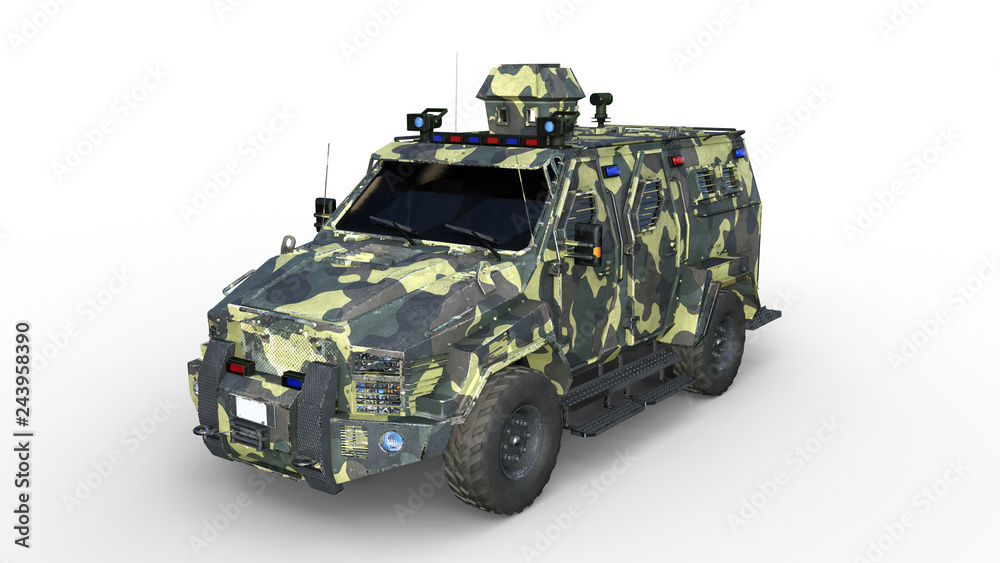 Armored SUV truck, bulletproof army vehicle, camo military car isolated on white background, 3D rendering