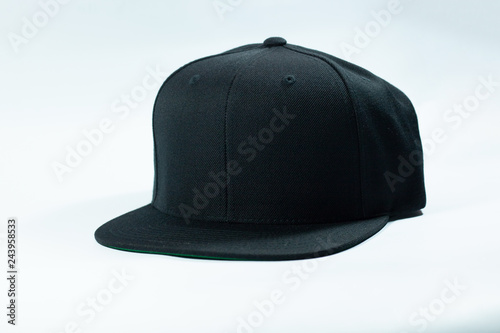 Snapback hat cap flat visor with black color isolated on white background, ready for your mockup template or presentation your design project